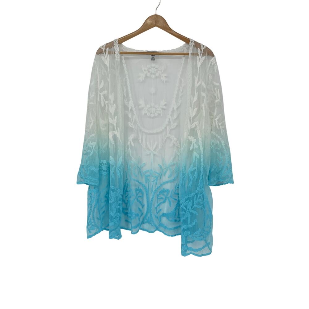 Nina‎ Leonard Sheer Embroidered White Turquoise Cover Up Beach Boho Size 1X